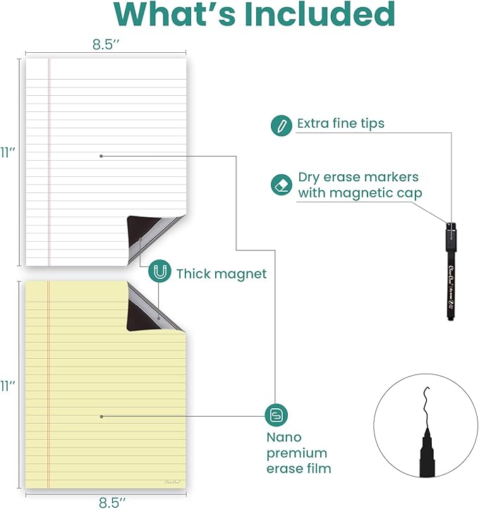 Magnetic Dry Erase Board – 8.5”x11” Reusable Lined Dry Erase Notebook Sheet for Fridge 2 Pcs – Marker Included