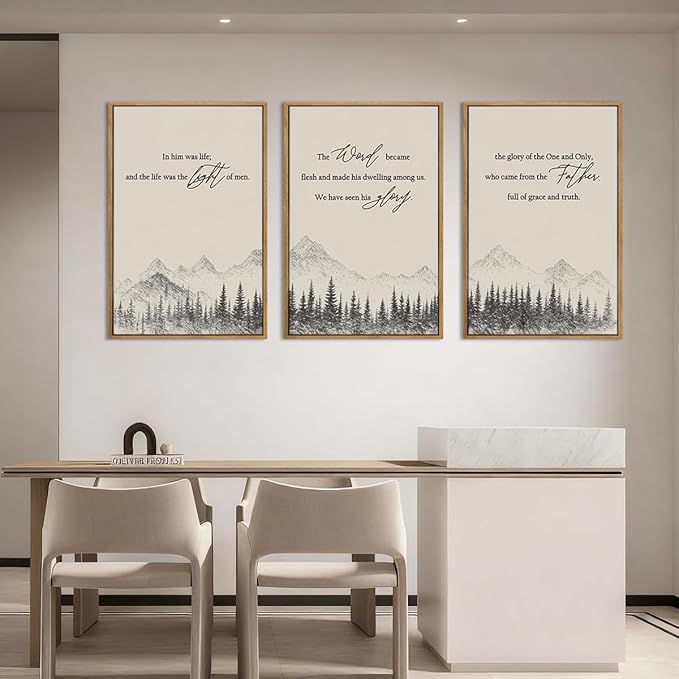 IARTTOP Extra Large Christian Bible Verse Framed Wall Art 24x36 Inch Set of 3 Jesus Catholic Biblical Scripture Canvas Wall Decor Minimalist Grey Mountain Landscape Prints for Living room Dining room