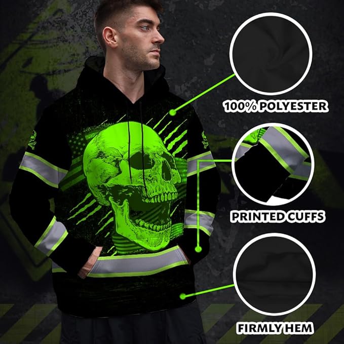 Matedecor Skull US Flag Reflective High Visibility Hoodie For Men Construction Hi Vis Safety Workwear Custom Name