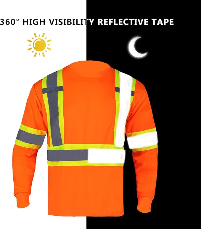 FONIRRA Hi Vis Shirts for Men Reflective ANSI Class 2 Safety Long Sleeve High Visibility Work Construction T Shirts Orange