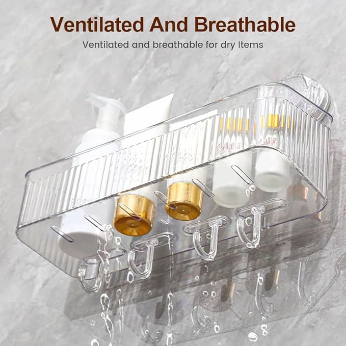 No-Drill Bathroom Suction Storage Box, Corrugated Suction Cup Wall Organizer, Removable Hanging Storage Basket with Strong Hold, Acrylic Shower Caddy for Bathroom (Grey L)