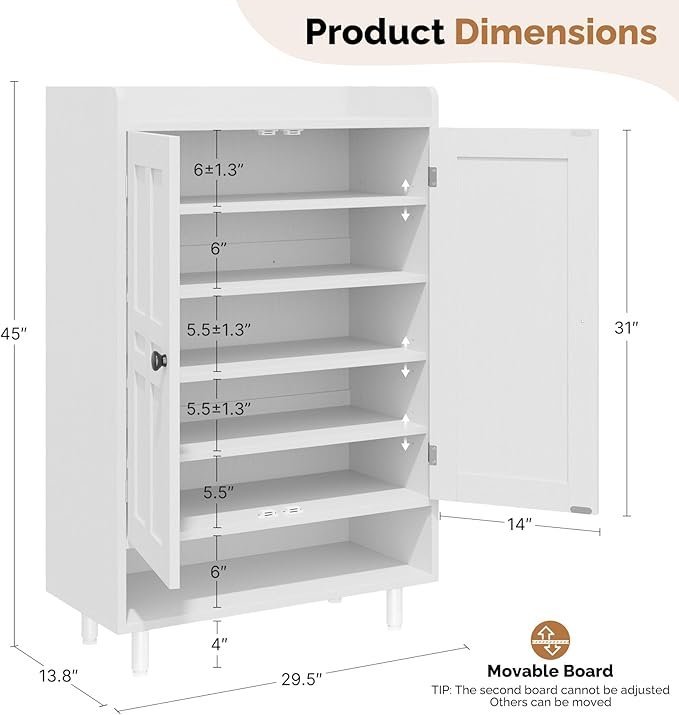Entryway Shoe Cabinet with Doors, 6-Tier Farmhouse Shoe Storage Organizer with Adjustable Shelves Holds 18-26 Pairs and Metal Legs, Entry Organizer Entryway, Living Room (White)