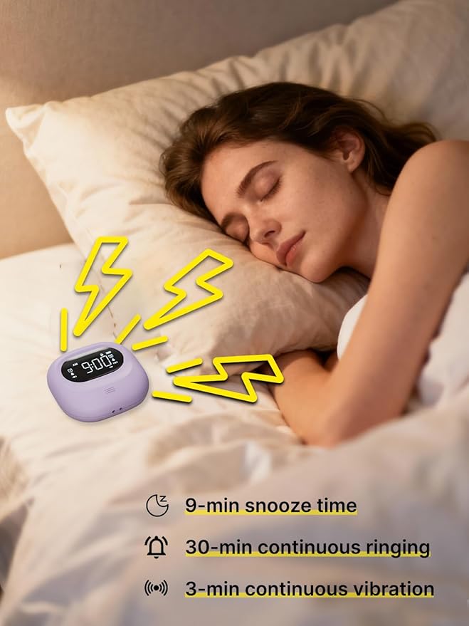 ROCAM Vibrating Alarm Clock for Heavy Sleepers, Rechargeable 3000mah Portable Deaf Clock Bed Shaker for Bedroom Or Dorm, Dual Alarm 160-Day Standby Mini Alarm Clock for Teens, Adults, Purple