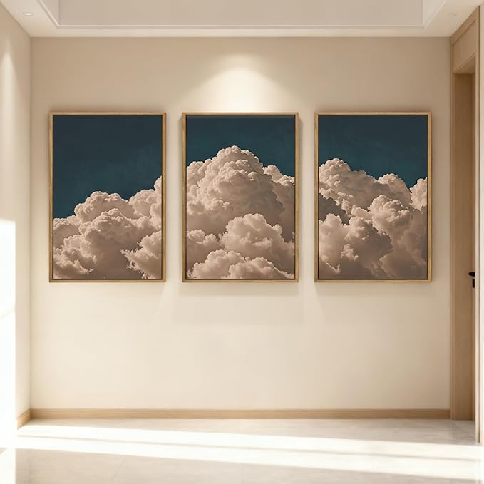 IARTTOP Large Cloud Canvas Wall Art Framed 16x24 Inch Navy Blue Cloud Painting Set of 3 Modern Abstract Sky Landscape Wall Decor For Living Room Bedroom Office