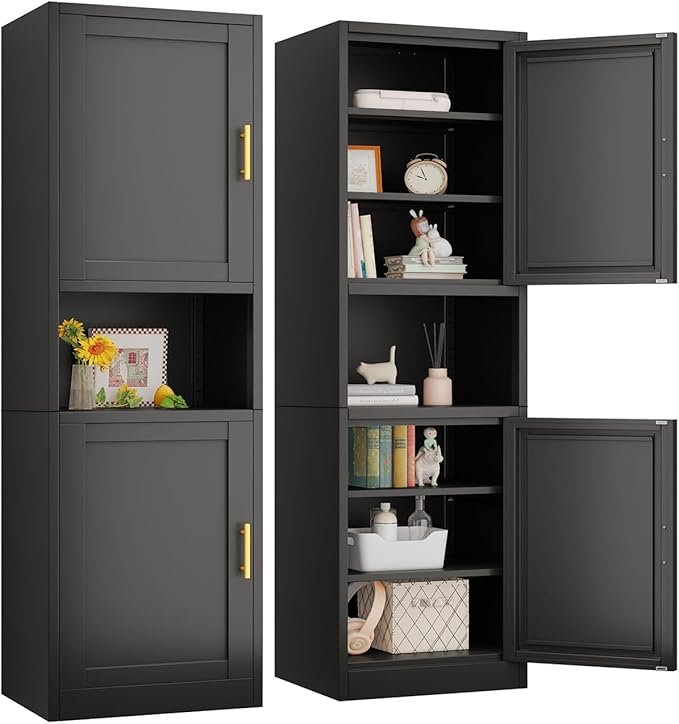 67" Tall Narrow Storage Cabinet Metal Bathroom Cabinet with 2 Doors & 4 Adjustable Shelves, Standing Pantry Cabinets Cupboard for Kitchen, Dining Room, Living Room and Bathroom (Black)