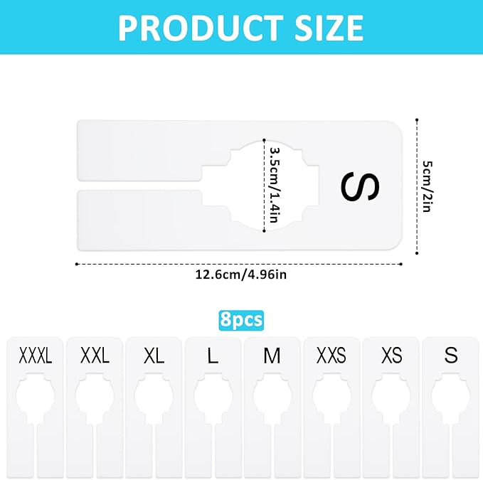 8 Pcs White Rectangular Size Separators Closet Dividers for Hanging Plastic Clothing Rack Dividers with Printed Sizes Clothing Rack Size Divider Reusable Closets Separators Label Preprinted in 8 Sizes