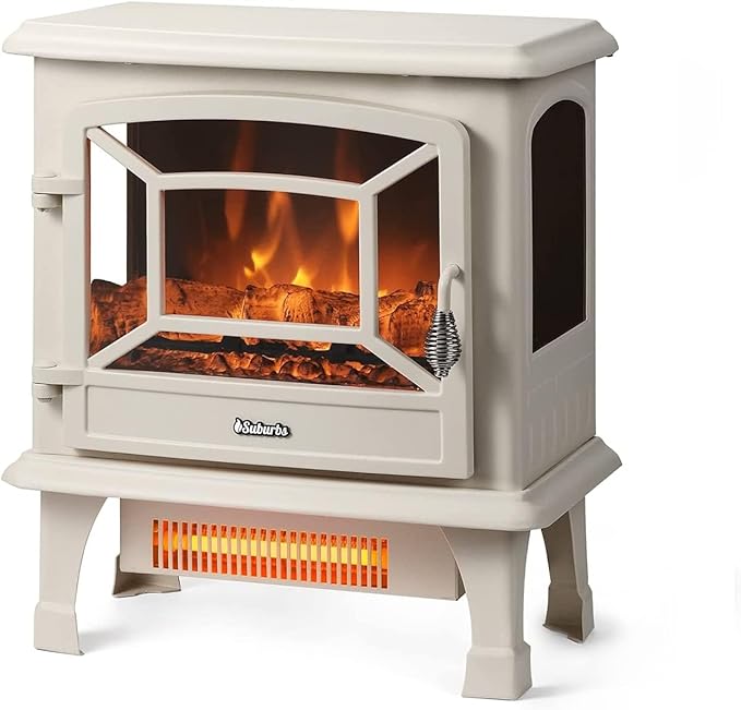 TURBRO Suburbs 20 in. Electric Fireplace Infrared Heater w/Crackling Sound, Freestanding Fireplace Stove w/Realistic Flame Effect, CSA Certified Overheating Protection, Easy to Assemble, 1400W Ivory