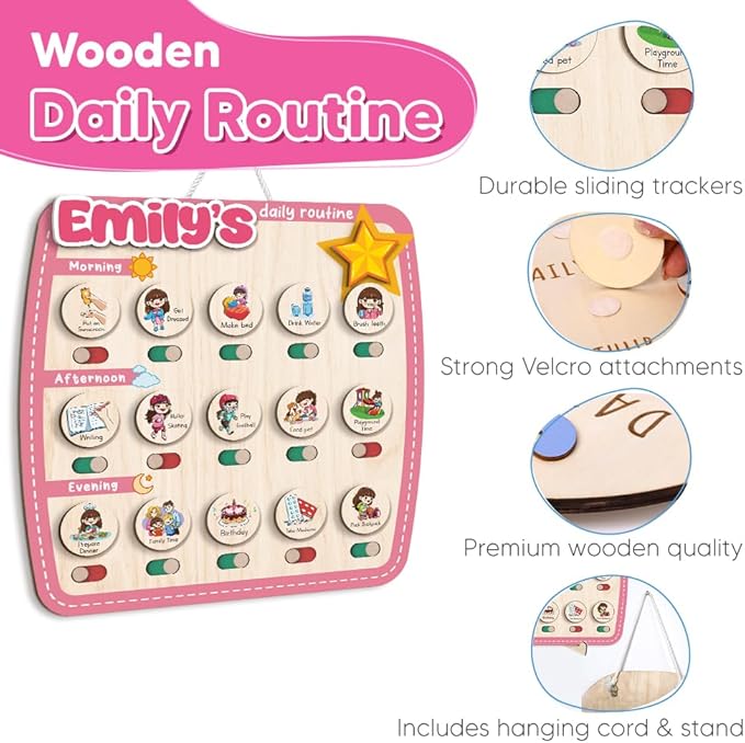 Personalized Wooden Chore Chart for Kids, Daily Routine Chart for Toddlers, Visual Schedule for Kids Age 3-5, Morning Bedtime Routine for Girls (09)