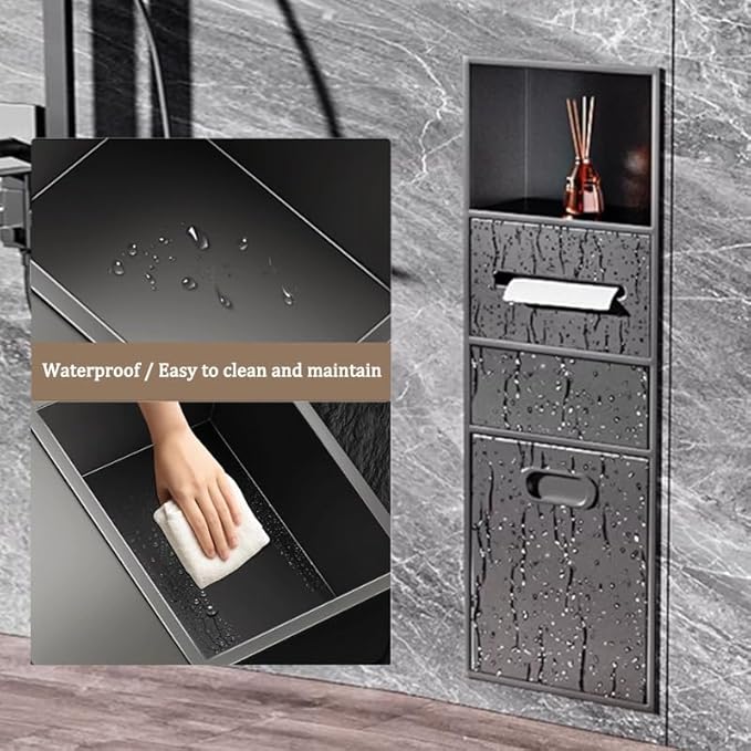 Recessed Stainless Steel Shower Organizer with Trash Can - Double-Tier Waterproof Bathroom Shelf (White, 63x20x13.5cm) for Space-Saving Storage Solutions