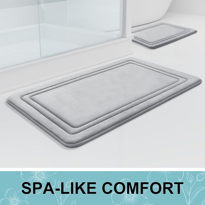 Grandaily Memory Foam Bath Mat Rug 24x16, Ultra Soft, Non-Slip and Absorbent Bathroom Rugs, Machine Wash Dry, Comfortable Bath Carpet for Bathroom Floor, Tub and Shower, Grey