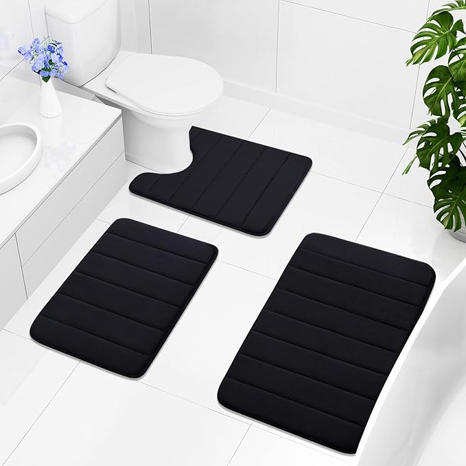 Buganda Memory Foam Bath Mat, 40" x 24", Ultra Soft and Non-Slip Bathroom Rugs, Water Absorbent and Machine Washable Bath Rug Runner for Bathroom, Shower, and Tub, Black