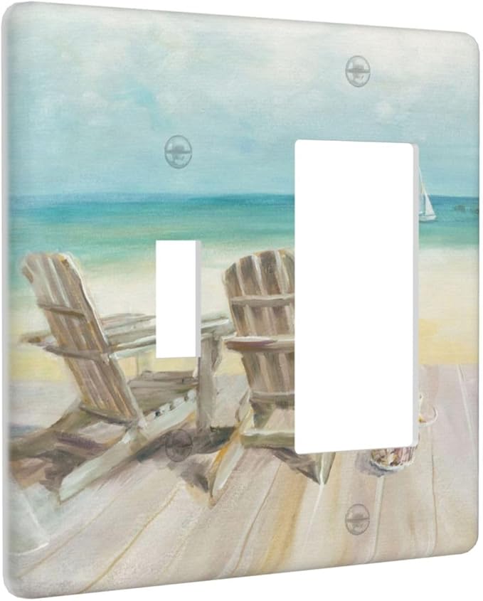 Light Switch Cover Beach Beach Chair Seascape Blue Ocean 2 Gang Toggle Rocker Combo Wall Plates Modern Coastal Decorative Switch Plates and Outlet Covers Receptacle Cover for Bathroom Bedroom