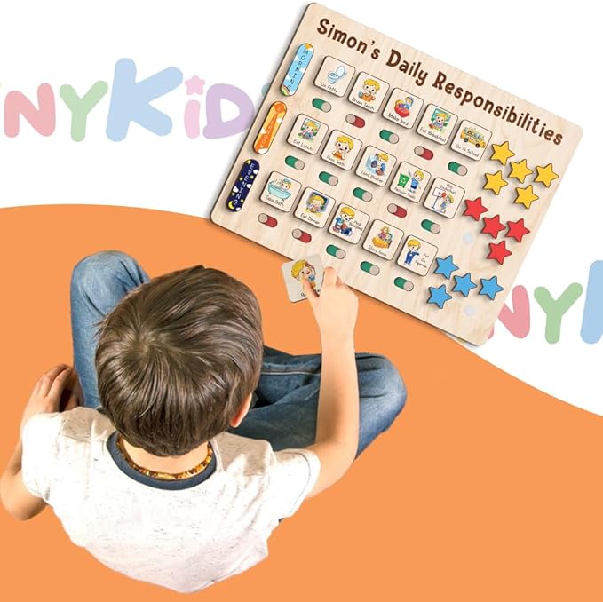 Wooden Chore Chart for Kids Visual Schedule, Routine Chart for Kids, Morning Bedtime Routine Chart for Toddlers Ages 2-4, Daily Kids Schedule Board for Home (18)