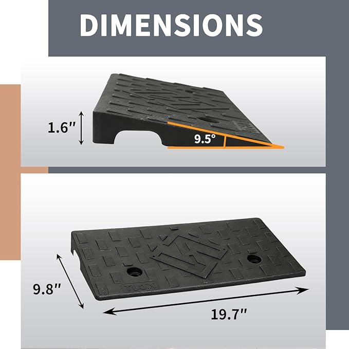 Rubber Curb Ramps for Driveway Sidewalks Shed Entry1.6 Inch Rise Height 2 Pack 19.68" L x 9.84" W Threshold Ramp for Cars Motorcycles Lawn Mowers 7000lbs Load Capacity
