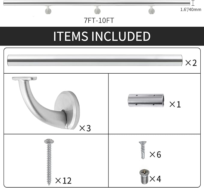 15FT Modern Aluminum Handrail Set, handrails for Indoor Stairs,Deck,Slope, Wall Mounted Staircase handrails, Zink Alloy Brackets Included,Rust Free. (Anodized Silver, 15 FT)
