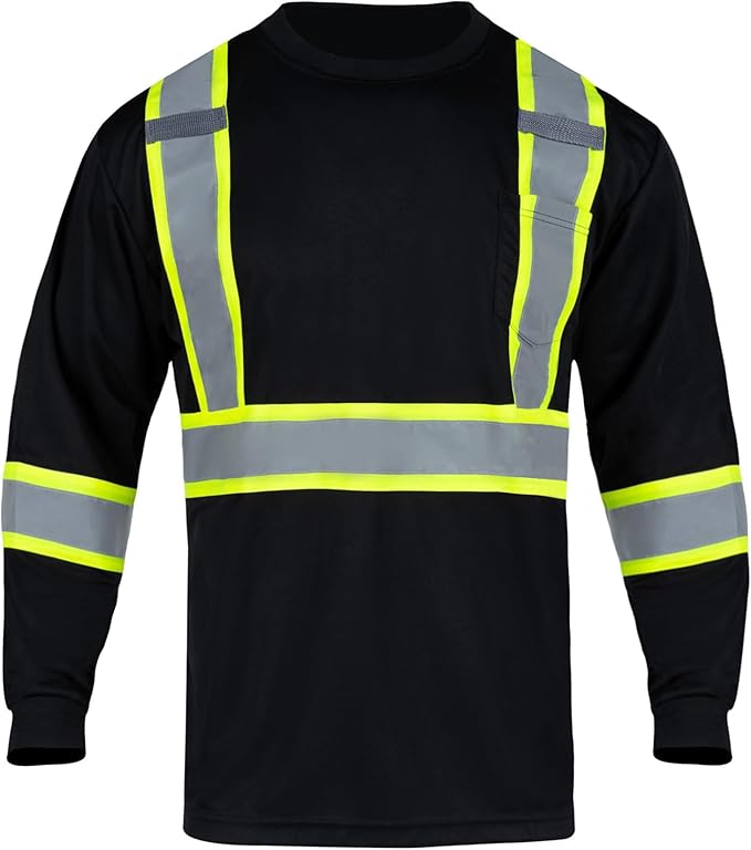 FONIRRA Hi Vis Shirts for Men Reflective ANSI Class 2 Safety Long Sleeve High Visibility Work Construction T Shirts Black