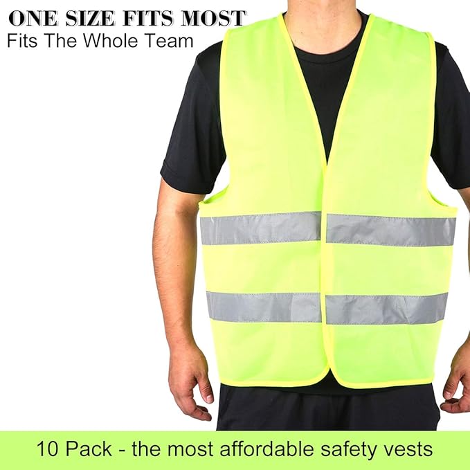 DUSKCOVE 10 Pack High Visibility Safety Vest for Traffic Work, Running, Surveyor and Security Guard - Construction Vest with 2 Reflective Strips, Made from Breathable and Neon Yellow Mesh Fabric