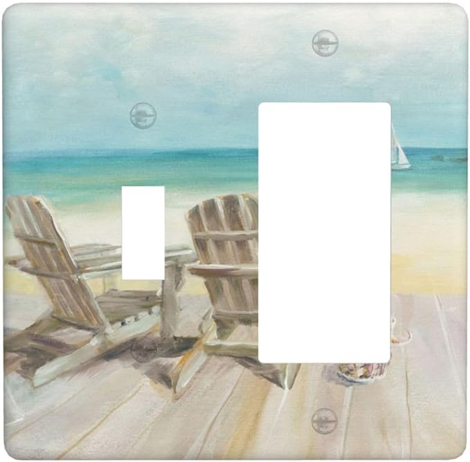 Light Switch Cover Beach Beach Chair Seascape Blue Ocean 2 Gang Toggle Rocker Combo Wall Plates Modern Coastal Decorative Switch Plates and Outlet Covers Receptacle Cover for Bathroom Bedroom