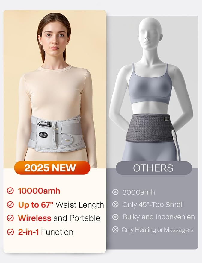 ALLJOY 67" Cordless Heating Pad for Back Pain Relief FSA Eligible HSA, 10000mAh Lower Back Massager with 3 Heat 3 Vibration, Portable Heating Pad for Cramps, Christmas Gifts for Women Men Mom Dad