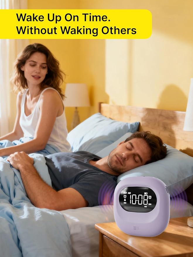 ROCAM Vibrating Alarm Clock for Heavy Sleepers, Rechargeable 3000mah Portable Deaf Clock Bed Shaker for Bedroom Or Dorm, Dual Alarm 160-Day Standby Mini Alarm Clock for Teens, Adults, Purple