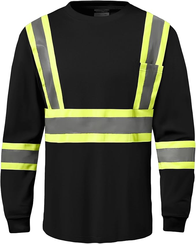 Hi Vis Safety Long Sleeve Shirts，High Visibility Class 3 T Shirts with Reflective Strips and Pocket, Quick Dry Mesh Construction Work Shirt for Men/Women (Black,L)