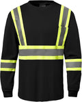 Hi Vis Safety Long Sleeve Shirts，High Visibility Class 3 T Shirts with Reflective Strips and Pocket, Quick Dry Mesh Construction Work Shirt for Men/Women (Black,4XL)