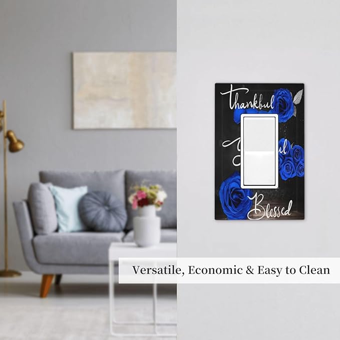 Outlet Covers Blue Rose Thankful Grateful Blessed 1 Gang Wall Plate Single Rocker Light Switch Cover Romantic Blue Floral Decorative GFCI Receptacle Cover Electrical Switchplate for Home Decor