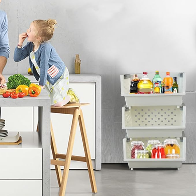 Fiaze 3-Pack White Plastic Kitchen Stackable Storage Baskets, Stackable Storage Bins Open Front for Pantry
