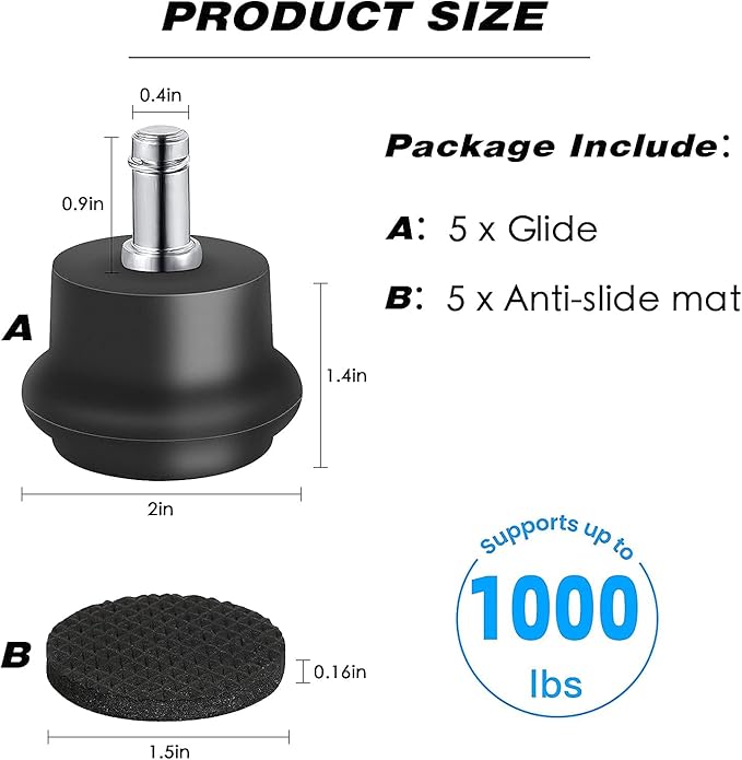 Bell Glides Replacement Office Chair or Stool Swivel Caster Wheels to Fixed Stationary Castors, Office Chair Wheels for Carpet - with Separate Self Adhesive Felt Pads/Chair Feet Wheel Stopper