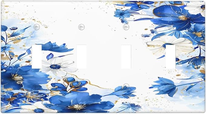 Klein Blue Flowers Watercolor Golden White Floral Light Switch Covers Quad Toggle Electrical Faceplate 4 Gang Wall Plate Decorative Switch Plates Cover for Bedroom Living Room Decor