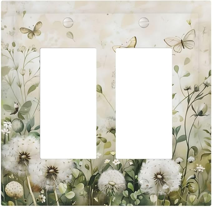 Dandelions Butterflies Watercolor Wildflowers Floral Decorative Outlet Covers 2 Gang Double GFCI Rocker Electrical Wall Panels Light Switch Cover Plate for Bedroom Living Room Decor