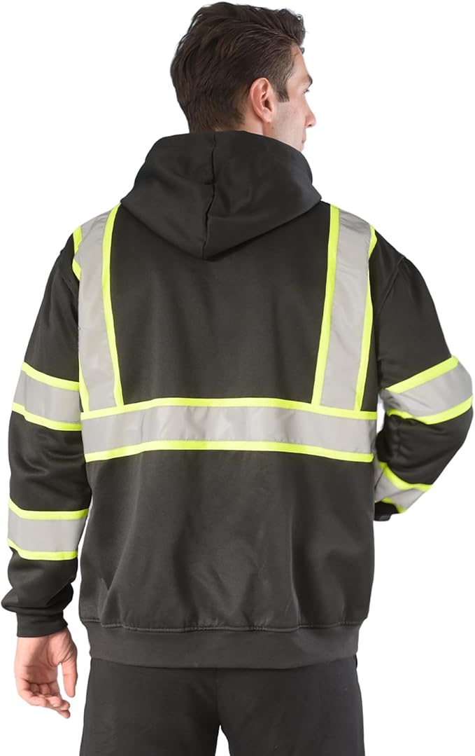 sesafety Class 3 Hi-Vis Hoodie for Men, Reflective Safety Sweatshirt, Black High Visibility Hooded Pullover