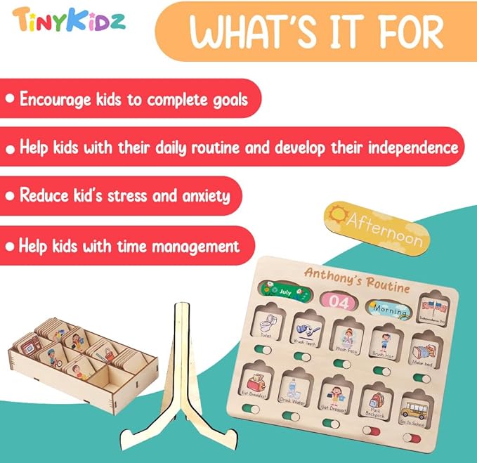 Wooden Chore Chart for Kids Visual Schedule, Routine Chart for Kids, Morning Bedtime Routine Chart for Toddlers Ages 2-4, Daily Kids Schedule Board for Home (03)