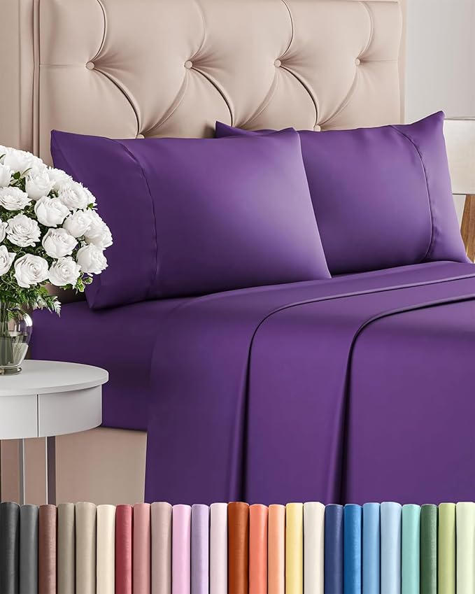 Twin XL 4 Piece Sheet Set - Cooling & Breathable Bed Sheets - Hotel Luxury Bed Sheets for Women, Men, Kids & Teens - Bedding w/Deep Pockets & Easy Fit - Soft & Wrinkle Free - Twin XL Purple Sheets