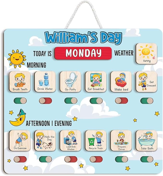 Wooden Chore Chart for Boys, Daily Routine Chart for Kids, Visual Schedule, Chore Reward Chart, Bedtime Morning Routine Chart for Toddlers (04)