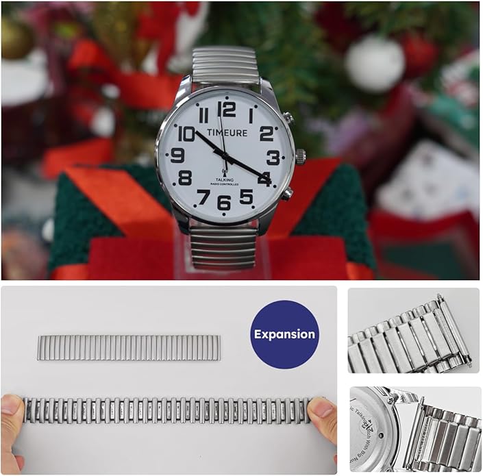 Men's Atomic Talking Watch, Talking Time/Date/Day, Alarm Setting, Automatically Calibrates, for Visually Impaired and Elderly, 2309M(Silver)