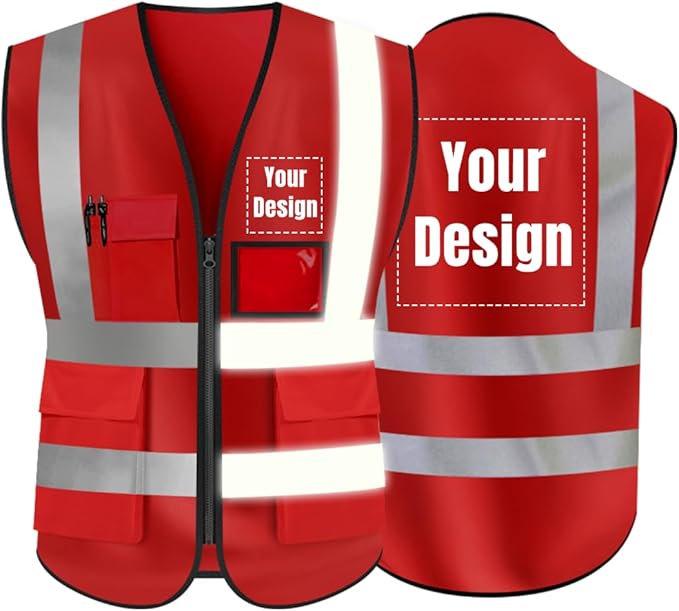 YOWESHOP High Visibility Safety Vest Custom Your Logo Protective Workwear 5 Pockets With Reflective Strips Outdoor Work Vest (Red (S))