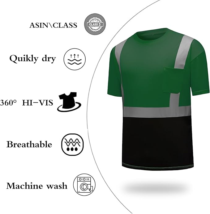 High Visibility Shirts Quick Dry Safety T Shirts with Reflective Strips and Pocket Short Sleeve Mesh Hi Vis Construction Work Class 2 Shirt for Men/Women Black Bottom Green,6XL