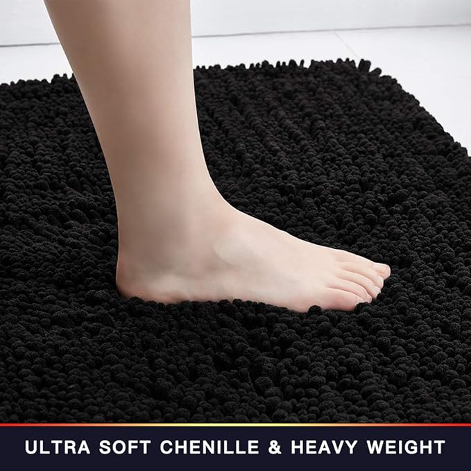 Walensee Bathroom Rug Non Slip Bath Mat (44x24 Inch Black) Water Absorbent Super Soft Shaggy Chenille Machine Washable Dry Extra Thick Perfect Absorbant Best Large Plush Carpet for Shower Floor