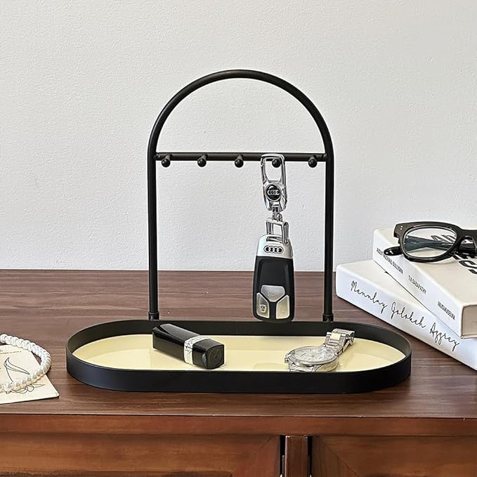 Shinpuru Metal Jewelry Organizer Stand & Key Holder Tray with Acrylic Base, Key Stand and Jewelry Tray with 5 Hooks, Perfect Key Bowl, Valet Tray, Ring Holder, Jewelry Dish (Matt Creamy)