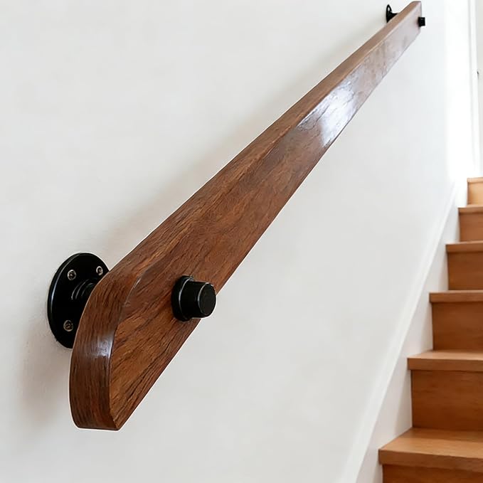 Wood Handrails, Indoor Non-Slip Staircase Handrail,Retro Rustic Wall Mount Railings Handrails, Home Loft Corridor Support Rod,Industrial Pipe Support, Easy to Install (Dark Wood, 6FT)