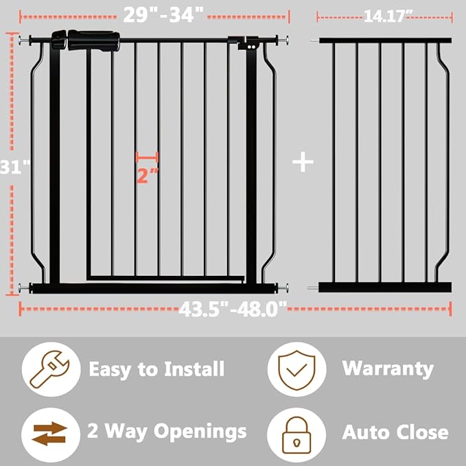 Fairy Baby Walk Through Baby Gate 43.5-48 Inch Wide, Pressure Mounted Safety Gate with Door No Drill, Black Tension Metal Gate for Dog and Toddler