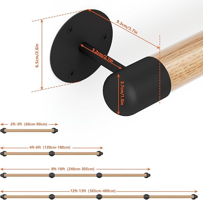 2FT Round Wooden Stair Handrail,Indoor Staircase Handrail,Wall Mount Support Stair Railings, Non-Slip Safety Corridor,Lofts,Patio,Guardrail,Home Wood Hand Railings for Elderly,Children,Disable People