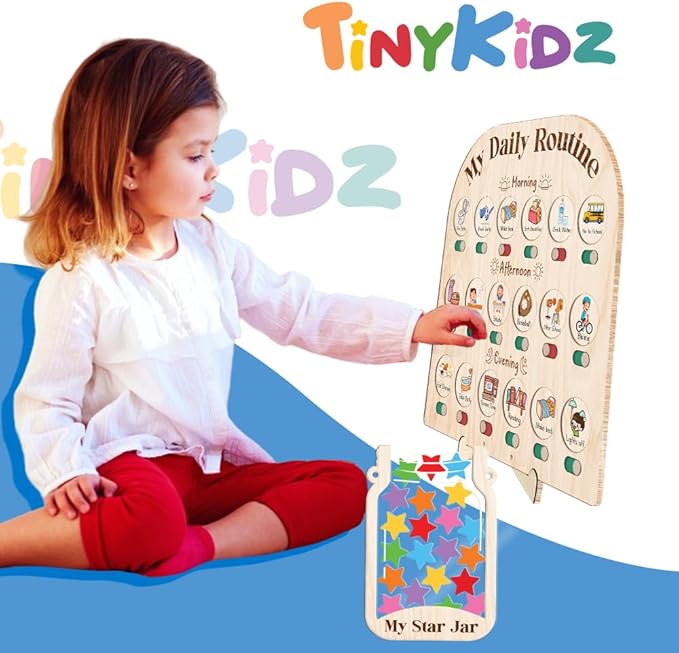 Wooden Daily Routine Chart with 30 Tokens Reward Jar, Toddler Reward System, Morning Bedtime Routine Chart, Toddler Charts for Behavior and Routines, Wooden Chore Chart for Kids