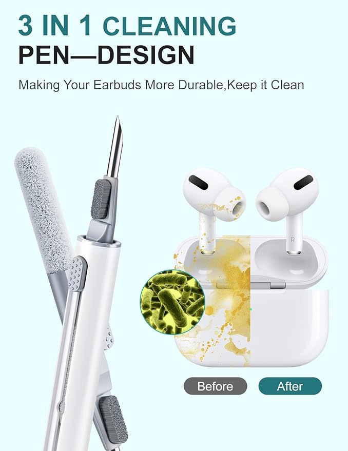 Cleaner Kit for Airpods, Earbuds Cleaning kit for Airpods Pro 1 2 3, Multi-Function Cleaner Pen Soft Brush for Bluetooth Earbuds,Case Cleaning Tools for iPhone 17,Laptop, Camera (White)
