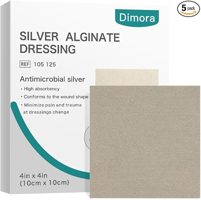 Dimora Upgrade Silver Calcium Alginate Wound Dressing -Antibacterial Non Stick Gauze, Highly Absorbent Sterile Bandage Pads,4'' x 4'' Patches 5 Packs