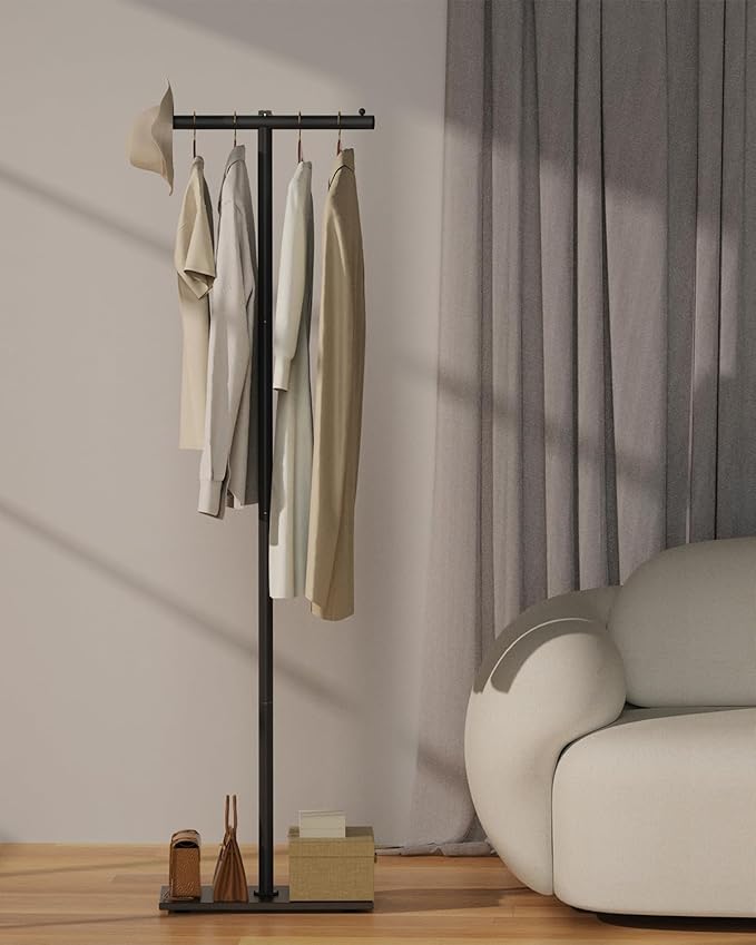 T-shaped Coat Rack Freestanding, Modern Clothes Rack with Rock Slab Base, Heavy-duty Metal Coat Tree for Boutiques, Hallway, Entryway, 68.9 Inches High, Black, GYJ001B