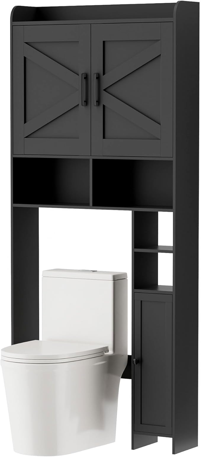 Homhedy Over The Toilet Storage Cabinet with 2 Barn Door and Toilet Paper Holder Stand, FreeStanding Toilet Shelf Space Saver, for Bathroom, Restroom, Laundry, Black