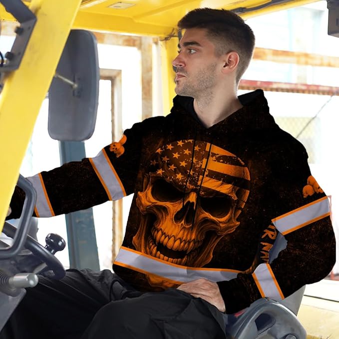 Matedecor Skull US Flag Reflective High Visibility Hoodie For Men Construction Hi Vis Safety Workwear Custom Name