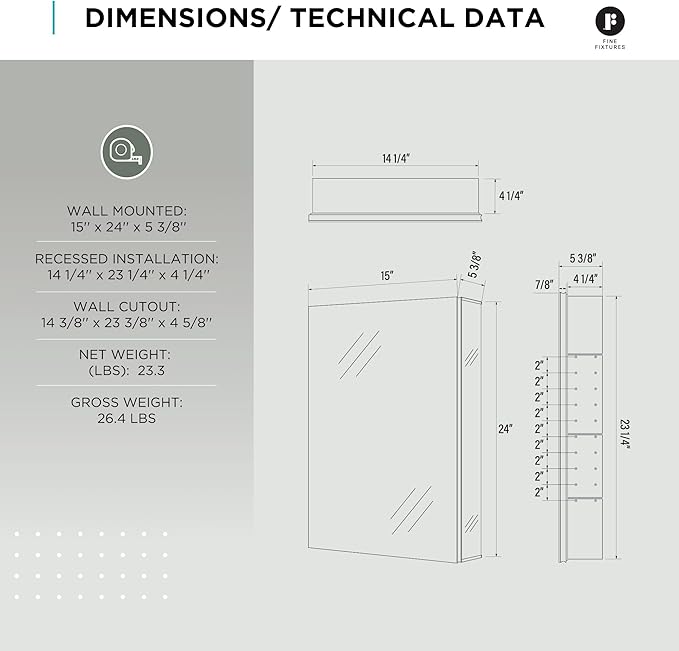 Fine Fixtures Bathroom Medicine Cabinet, Aluminum, Recessed/Surface Mount, Right/Left Hinged, Mirrored Interior (15 X 24)